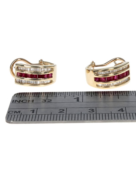 3 Row Diamond and Ruby Curved Earrings